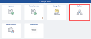 Screenshot of the Manager Home page with the My Team tile highlighted by a red box.