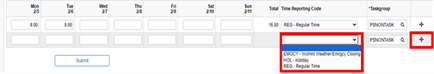 A screenshot of a timecard highlighting the plus sign and Time Reporting Code section.