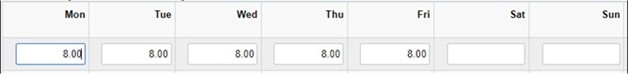 Screenshot of a time sheet showing 8 hours entered into each day.