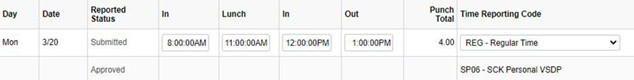 A screenshot of the Punch Timesheet showing the reported status as Approved for the Sick Personal VSDP leave submitted through the Absence Management module.