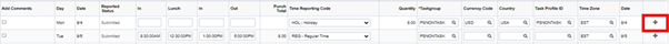 Screenshot of timecard highlighting the plus sign at the end of the row.