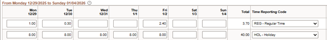 A screenshot of an employees timesheet showing regular and holiday hours totaling 43.7 hours which is greater than 40 hours for the workweek.