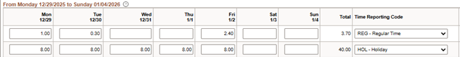 A screenshot of an employees timesheet showing regular and holiday hours totaling 43.7 hours which is greater than 40 hours for the workweek.
