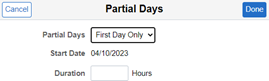 Screenshot of the Partial Days banner showing the blue Done button.