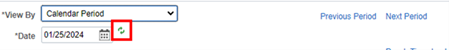 This is a screenshot of the Calendar Period options showing a red square around two green arrows. The two green arrows represent the refresh button.