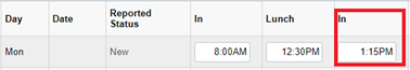 Screenshot of the punch timesheet with a red box highlighting the "In" field.