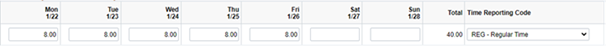 Snapshot of computer image: Elapsed Time sheet with daily entries of 8 hours monday to friday, a total of 40 hours and Time Reporting Code of Regular time.