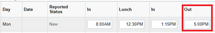 Screenshot of the punch timesheet with a red box highlighting the "Out" field.