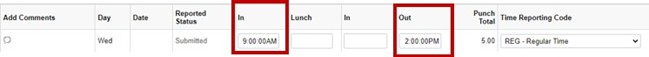 screenshot of a punch time submission with red boxed highlighting the In and Out fields.