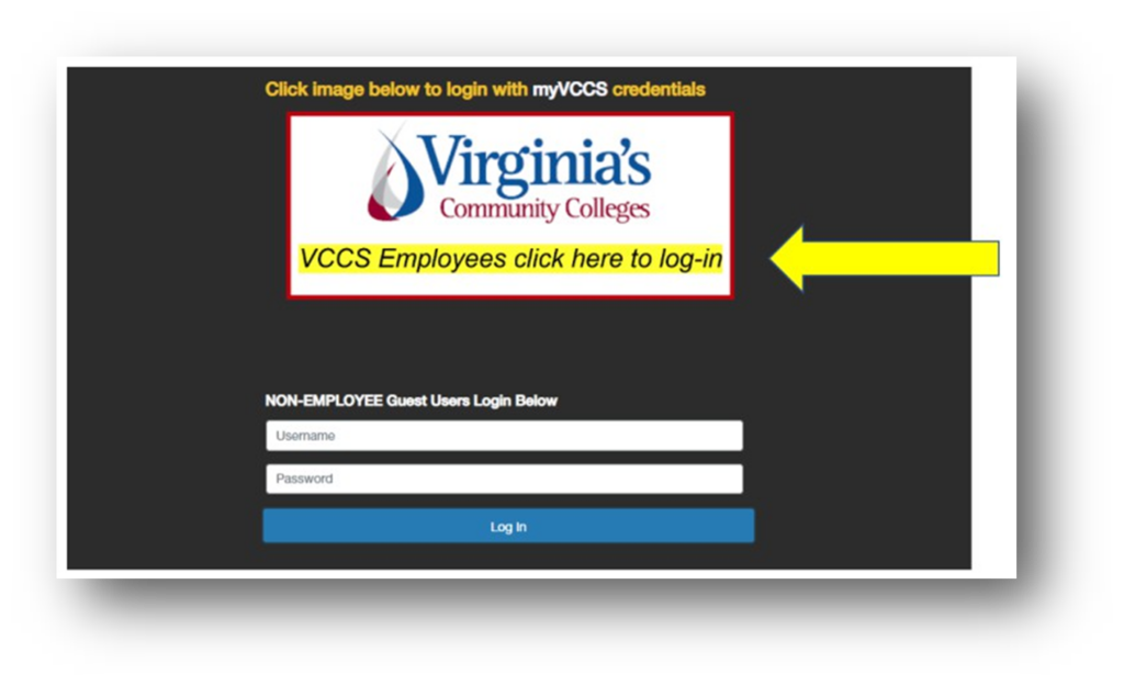 1 Screenshot of a login page for Virginia's Community Colleges portal, designed for VCCS employees and non-employee guest users. The page features a yellow arrow pointing to a login button for VCCS employees, with separate username and password fields and a blue "Log In" button for guest users below.