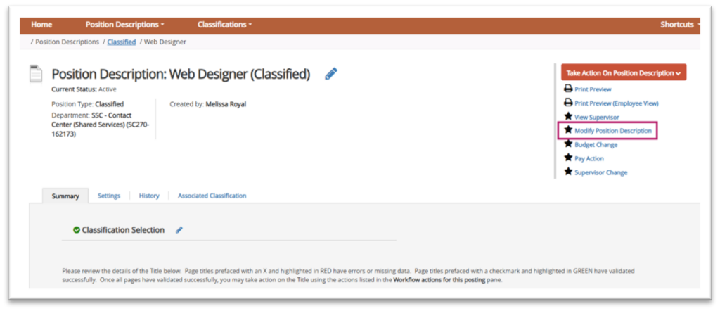 12 Screenshot of a web-based job management system displaying a classified position description for a Web Designer. The interface includes tabs for Summary, Settings, History, and Associated Classification, with options to print, view supervisor, modify position description, and other actions on the right sidebar.
