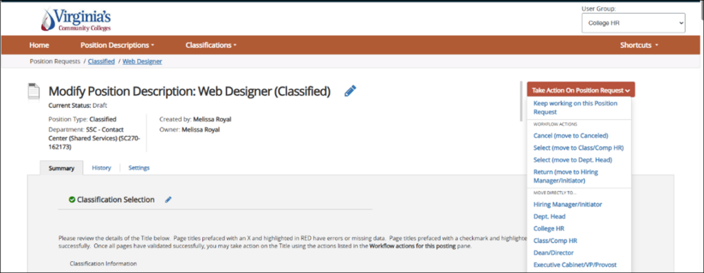 14 Screenshot of a web page from Virginia's Community Colleges showing a classified position description for a Web Designer. The page includes navigation tabs, user group selection, and a dropdown menu with options for managing position requests, highlighting workflow actions and classification details.
