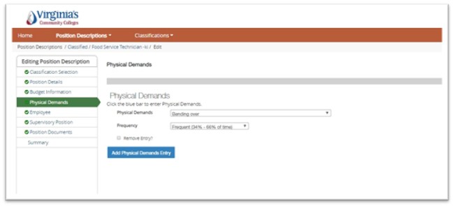 22 Screenshot of a web page from Virginia's Community Colleges showing a form for editing Physical Demands under a Food Service Technician position. The form includes a dropdown menu for selecting a physical demand labeled "Bending over" with a frequency option set to "Frequent (34% - 66% of time)" and buttons for adding entries and navigation on the left sidebar.