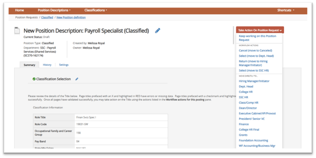 26 Screenshot of a payroll specialist job description page from an internal HR system, showing classification details such as role title, role code, occupational family, pay band, and state minimum salary. The page includes navigation tabs for summary, history, and settings, with a sidebar containing action options like keeping or canceling the position request and links to related job titles.