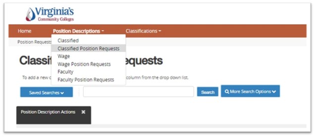 28 Screenshot showing which drop-down to select to access a previously submitted request. Under Position Descriptions, select the corresponding position type + Requests.