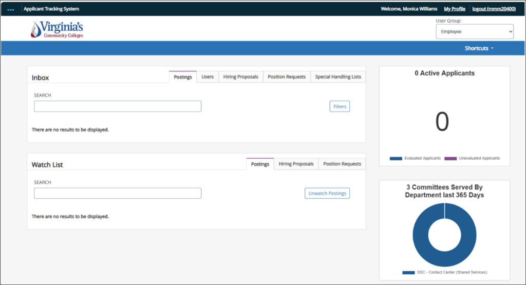 3 Screenshot of an applicant tracking system dashboard for Virginia's Community Colleges showing no active applicants or watch list entries. The interface includes tabs for postings, users, hiring proposals, position requests, and special handling lists, with a pie chart indicating 3 committees served by department in the last 365 days.