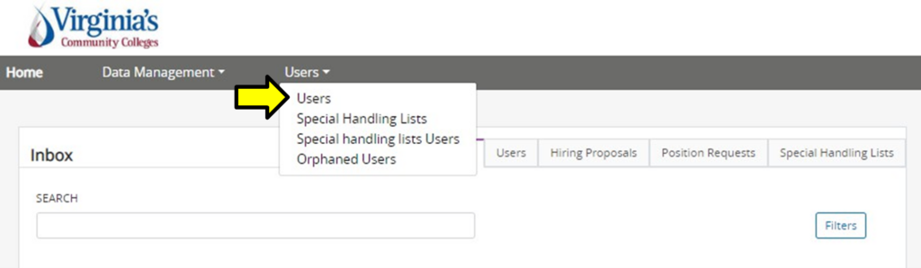 6 Screenshot of a web page from Virginia's Community Colleges user management system showing a dropdown menu under "Users" with options for Users, Special Handling Lists, Special Handling Lists Users, and Orphaned Users. The page includes tabs for Users, Hiring Proposals, Position Requests, and Special Handling Lists, along with a search box and a Filters button.
