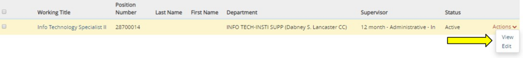 9 Screenshot of a table displaying employee information with columns for Working Title, Position Number, Last Name, First Name, Department, Supervisor, and Status. The row shows an Info Technology Specialist I in INFO TECH INST SUPP department, supervised by a 12-month Administrative staff, with status marked as Active and an Actions dropdown menu visible.