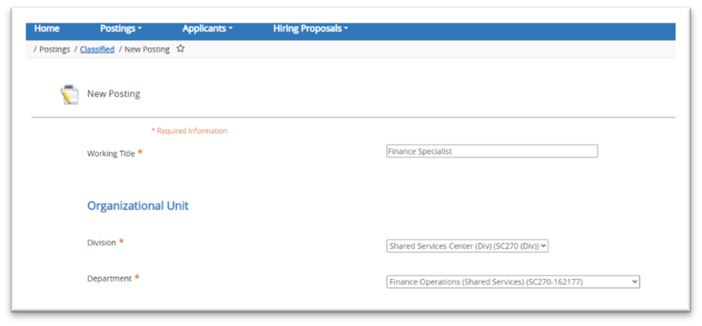 Picture37 Screenshot of a job posting form for a Finance Specialist role within an organizational unit. The form includes fields for Working Title, Division set to Shared Services Center, and Department set to Finance Operations (Shared Services), with navigation tabs for Home, Postings, Applicants, and Hiring Proposals at the top.