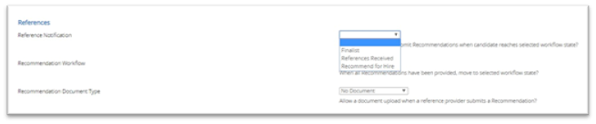 Picture38 Screenshot of a dropdown menu interface for managing reference notifications and recommendation workflows. It includes options like "Finalist," "References Received," and "Recommendation for Hire," with a prompt asking if recommendations have been provided and a section for uploading recommendation documents.