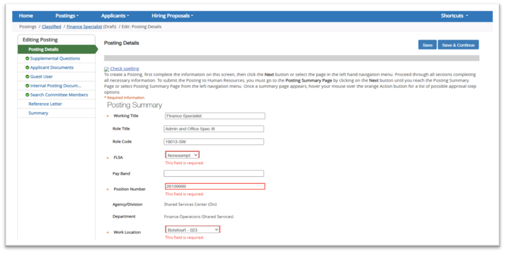 Picture40 Screenshot of a job posting form for a Finance Specialist position within Shared Services Center (Div) under Finance Operations department. Form fields include Working Title, Role Title, Role Code, FLSA status, Pay Band, Position Number, and Work Location, with several fields marked as required and highlighted in red.