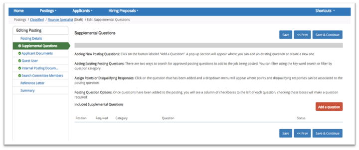 Picture41 Screenshot of a job posting management interface showing the "Supplemental Questions" section for editing posting details. The interface includes a sidebar with navigation options, a main panel with instructions for adding questions, a red "Add a question" button, and buttons to save or preview changes.