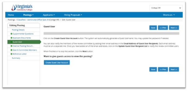 Picture43 Screenshot of a web interface from Virginia's Community Colleges for managing guest user accounts in a job posting system. It shows instructions for creating and updating guest user accounts, with navigation buttons, a sidebar menu, and a dropdown for user group selection.