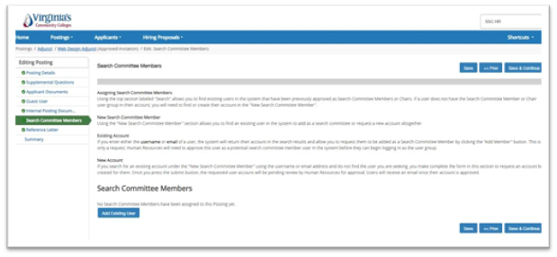 Picture45 Screenshot of a webpage from Virginia's Community Colleges showing a "Search Committee Members" section within a posting editing interface. The page includes instructions for assigning and searching committee members, with buttons for adding existing users and navigation controls at the bottom.