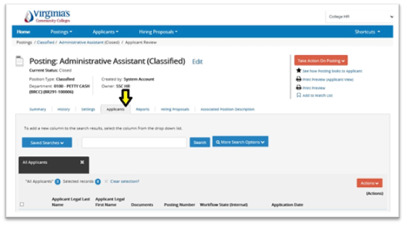 Picture49 Screenshot of an online job application portal for Virginia's Community Colleges showing a classified Administrative Assistant posting. The interface includes tabs for summary, history, settings, applicants, reports, and hiring proposals, with a highlighted "Applicants" tab and options for saved searches, search filters, and application details.