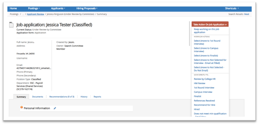Picture50 Screenshot of an online job application review page for Jessica Tester, showing applicant details such as name, location, contact information, and job position under review by a search committee. The right panel includes a red "Take Action on Job Application" box with dropdown options for various application status updates and interview steps.
