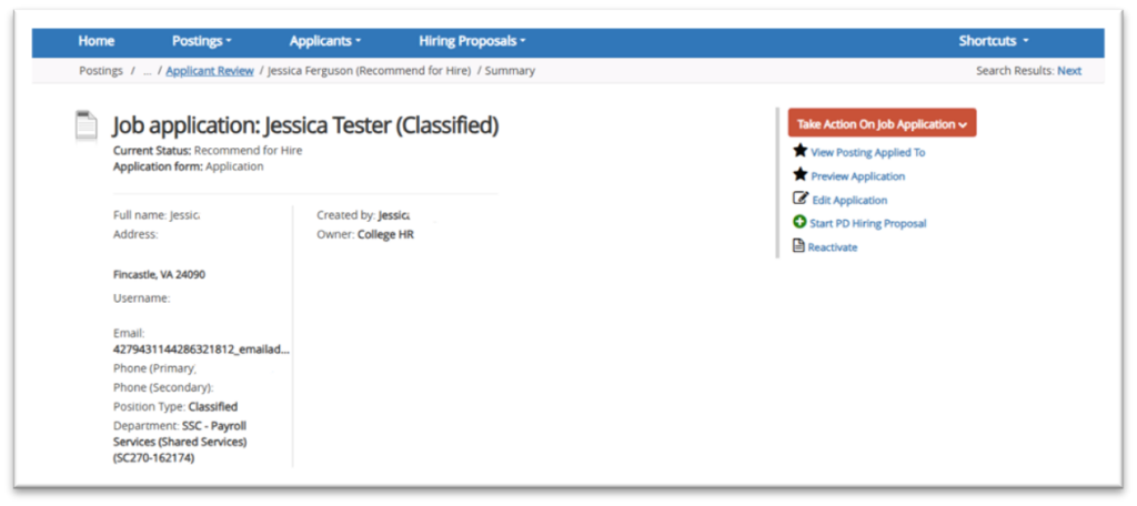 Picture52 Screenshot of a job application summary page for Jessica Tester, showing applicant details such as name, location, contact information, and position type (Classified). The page includes action buttons on the right for viewing, editing, or reactivating the application, with navigation tabs at the top for Home, Postings, Applicants, and Hiring Proposals.