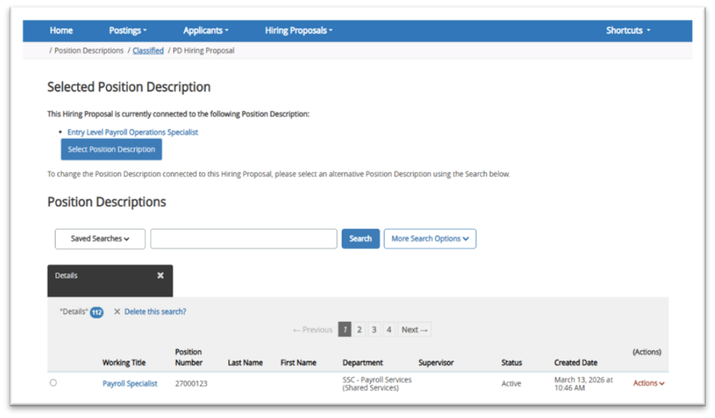 Picture53 Screenshot of a job application portal displaying a selected position description for an Entry Level Payroll Operations Specialist. The page includes a search bar for position descriptions, a table listing job details such as working title, position number, department, supervisor, status, and created date, with one active Payroll Specialist position shown.