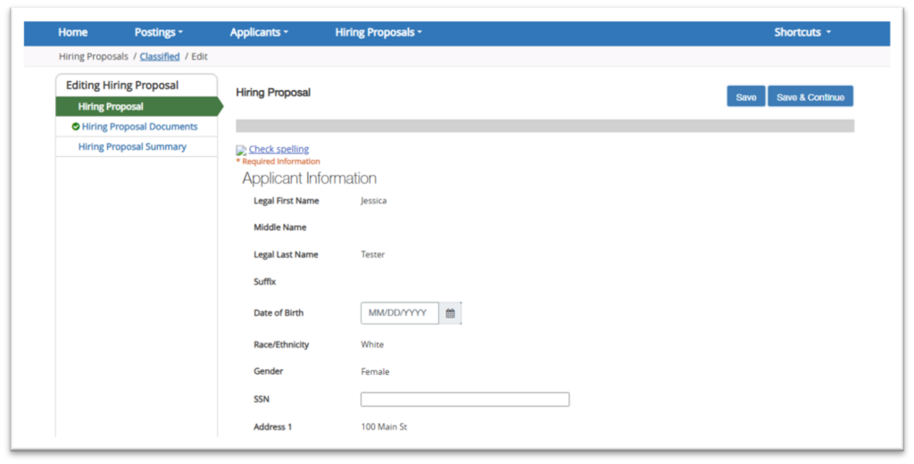 Picture54 Screenshot of a hiring proposal form interface showing fields for applicant information including name, date of birth, race/ethnicity, gender, SSN, and address. The layout features a navigation sidebar with sections for Hiring Proposal, Hiring Proposal Documents, and Hiring Proposal Summary, along with Save and Save & Continue buttons at the top right.